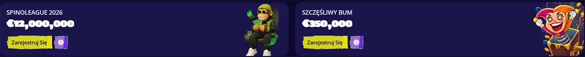 Polish casino jackpot banners featuring Spinoleague 2026 and Szczęśliwy Bum, with prize amounts of €12,000,000 and €350,000 plus registration buttons.