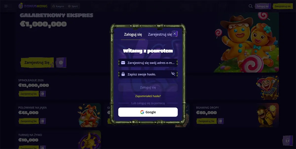 Polish casino login popup with email and password fields, Google sign-in option, and a welcome back message displayed over a dark bonus page background.