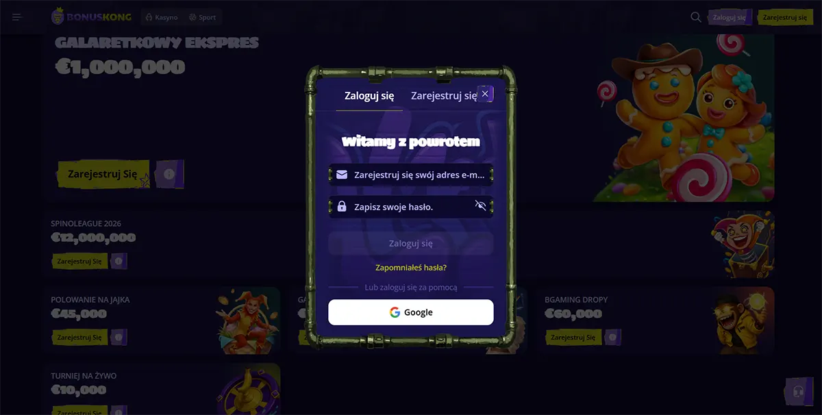 Polish casino login popup with email and password fields, Google sign-in option, and a welcome back message displayed over a dark bonus page background.